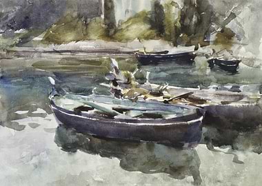 Watercolor Painting of Boats on Water