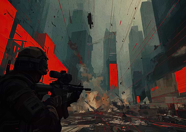 Soldier in War-Torn Cityscape