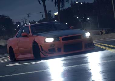 Orange Nissan Skyline R34 at Night