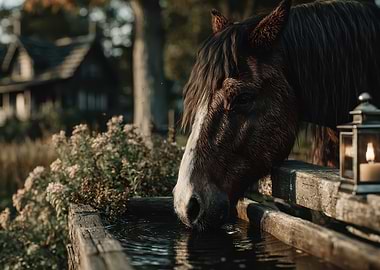 Horse Drinking Water from Wooden Trough