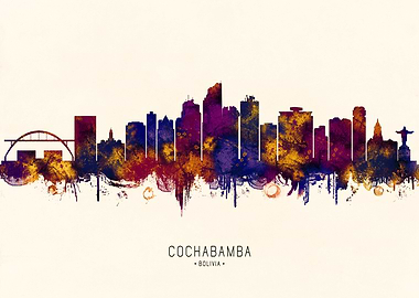 Cochabamba Bolivia Skyline Watercolor Art