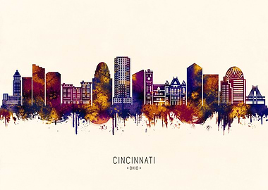 Cincinnati Ohio Skyline Watercolor Art