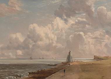 Seascape Painting with Cloudy Sky