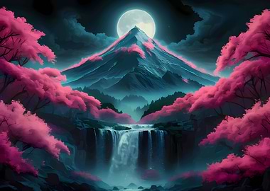 Mountain, Waterfall, and Cherry Blossoms