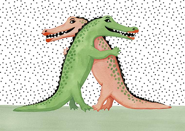 Two Alligators Hugging Watercolor Illustration