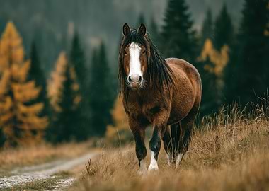 Majestic Brown Horse in Autumn Landscape