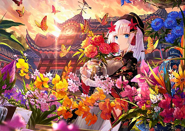 Girl with Flowers and Butterflies