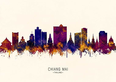 Chiang Mai Thailand Skyline Watercolor