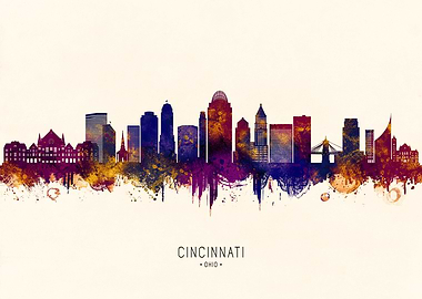 Cincinnati Ohio Skyline Watercolor Art