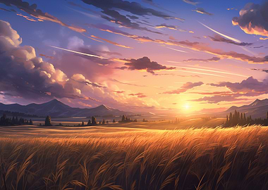 Golden Field Sunset Landscape Painting