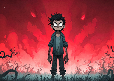 Creepy Boy in Red Landscape