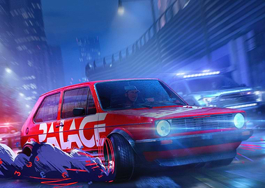 Red Car Chase in Cityscape