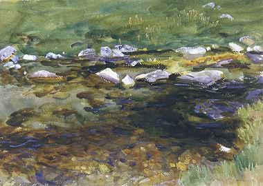 Watercolor River Landscape with Rocks