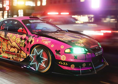 Pink Japanese-themed Car in Cityscape