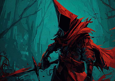 Red Hooded Warrior in Teal Forest