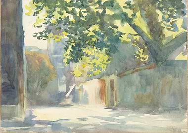 Watercolor Street Scene with Tree