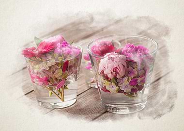 Floral arrangement in glasses on wood