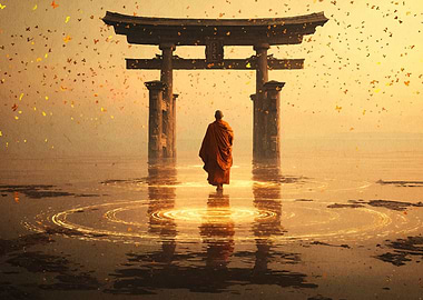 Monk walking through torii gate