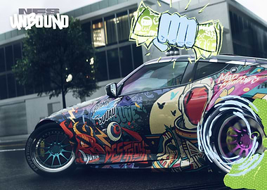 Graffiti-covered car with money graphic