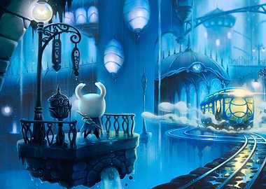 Hollow Knight in Blue Cityscape