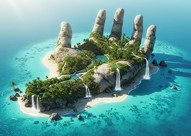 Hand-Shaped Tropical Island with Waterfalls