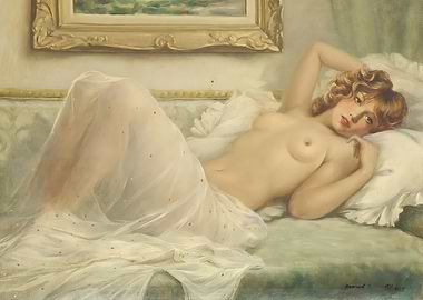 Reclining Nude Woman with Sheer Fabric