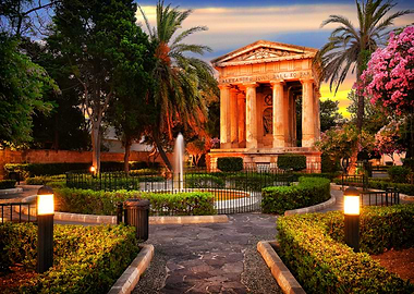 Lower Barrakka Gardens in Valletta at sunset in Malta