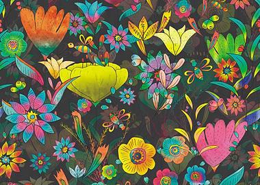 Colorful Floral Pattern on Dark Background