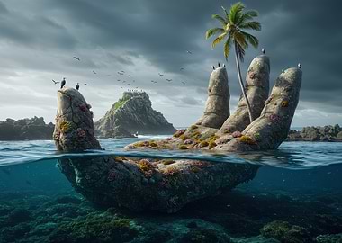 Surreal Hand Island with Palm Tree
