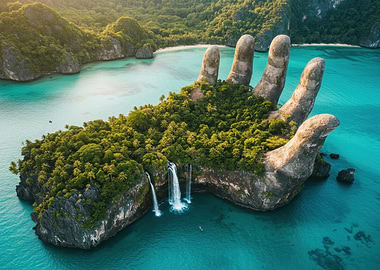Hand-Shaped Island with Waterfalls