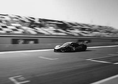 Racing Car on Track in Black and White