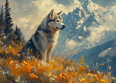 Alaskan Malamute in Mountain Landscape Painting