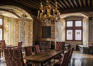 Ornate Dining Room with Chandelier in Gruyères Castle
