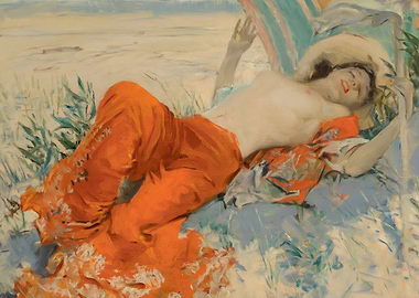 Woman Relaxing on Beach Painting