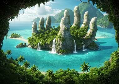 Hand-Shaped Island with Waterfalls