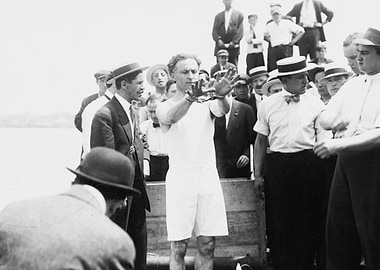 Houdini in Handcuffs, Surrounded by Crowd