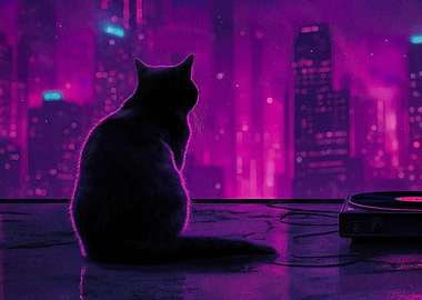 Cat Silhouette with Cityscape and Record Player