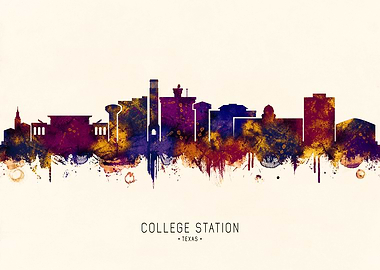 College Station Texas Skyline Watercolor Art