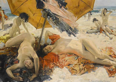 Beach Scene with Figures and Umbrella