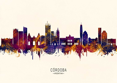 Córdoba Argentina Skyline Watercolor Silhouette