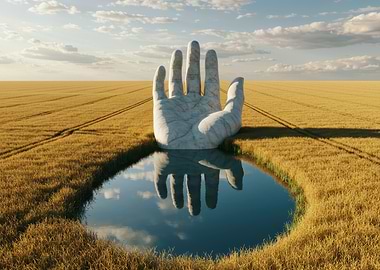 Surreal Hand Sculpture in Wheat Field