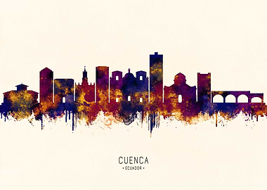 Cuenca Ecuador Skyline Watercolor Silhouette
