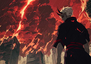 Anime Character in Burning Cityscape