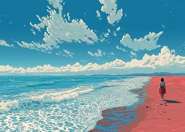 Anime Beach Scene with Girl