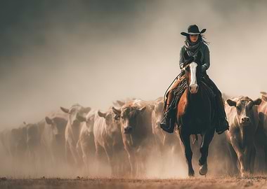 Cowgirl riding horse through cattle herd