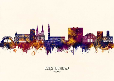 Czestochowa Poland Skyline Watercolor Art