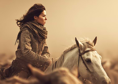 Woman riding horse in desert landscape