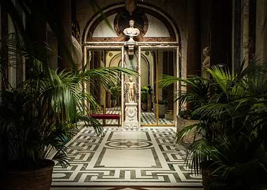 Elegant Hallway with Statues and Plants