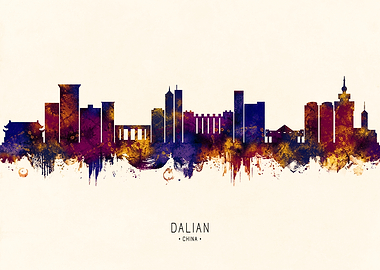 Dalian China Skyline Watercolor Silhouette