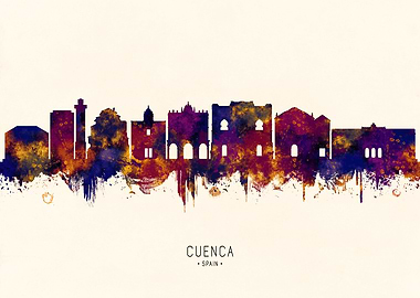 Cuenca, Spain Skyline Watercolor Silhouette
